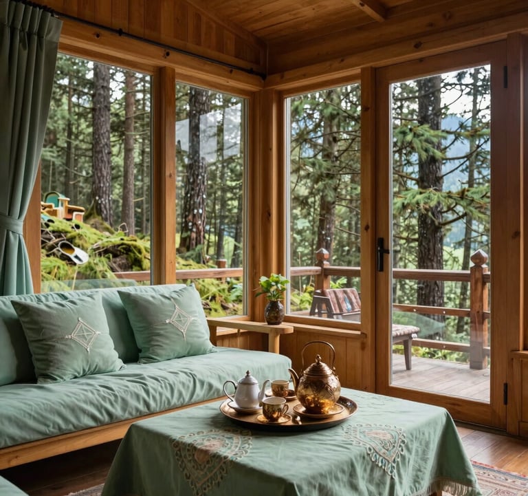 A cozy, luxury wooden cabin interior in Manali with large glass windows showing a dense pine forest. The room is decorated with sage and mint green textiles, reflecting a premium holiday mood. A South Asian / Indian style tea set sits on a low table in the foreground.