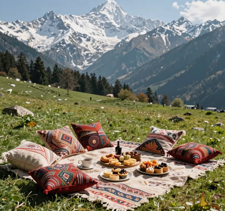 A lifestyle photography shot of a high-end picnic setup in a lush Manali meadow, South Asian / Indian inspired textiles and pillows, gourmet food, with snow-capped peaks in the background.