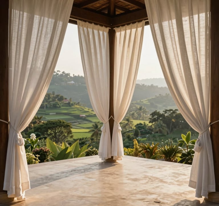 A high-end photography shot of a peaceful spa terrace at a wellness retreat. South Asian / Indian luxury setting with white linen curtains overlooking a lush green valley during the golden hour, featuring a palette of off-white and warm sand.