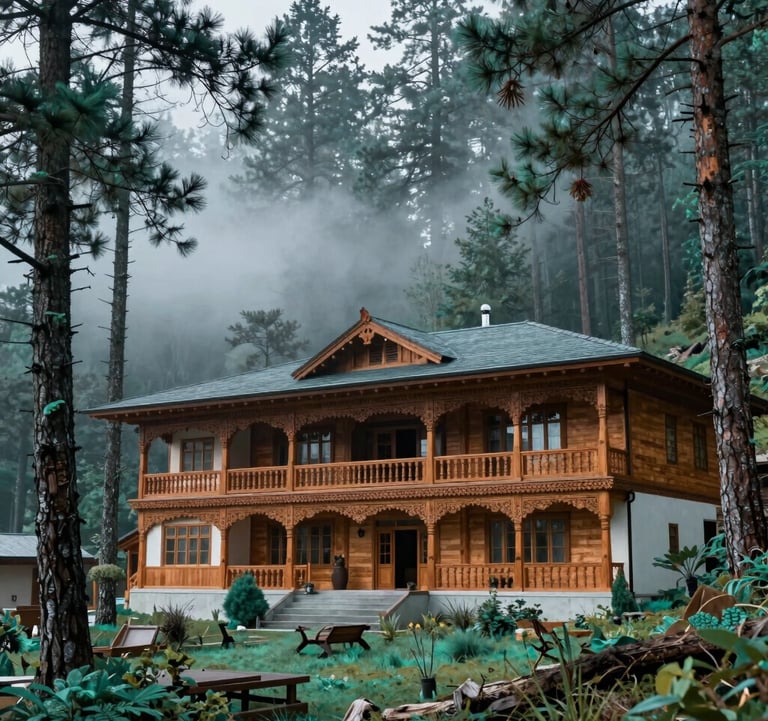 A professional photograph of a luxury wooden resort nestled in a dense pine forest in Manali. The South Asian / Indian architecture features traditional carvings, with mist rolling through the cedar trees in tones of cool seafoam and teal.