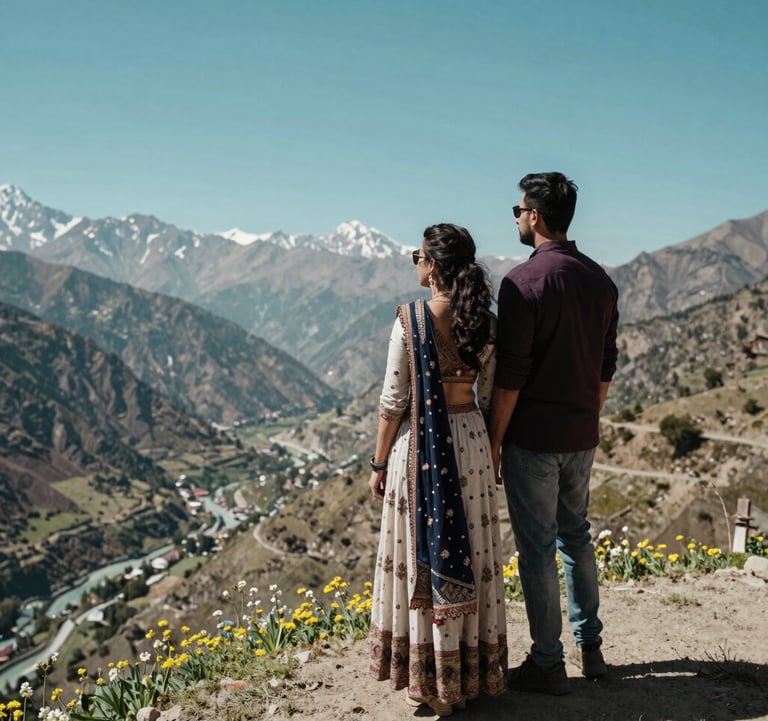 A candid shot of a couple in contemporary South Asian / Indian attire standing on a mountain ridge in Manali. They are looking out at a valley of wildflowers under a bright, clear teal sky. The composition is adventurous yet aspirational and high-end.