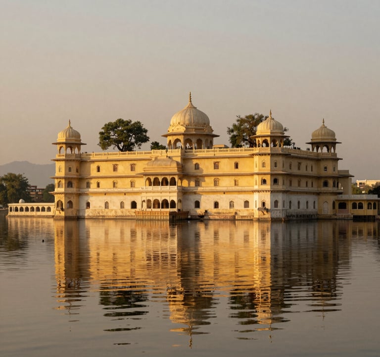 A stunning photograph of a marble palace hotel in Udaipur reflected in the still waters of Lake Pichola. The South Asian / Indian setting is illuminated by a warm tan and gold sunset, creating an atmosphere of sophisticated elegance.