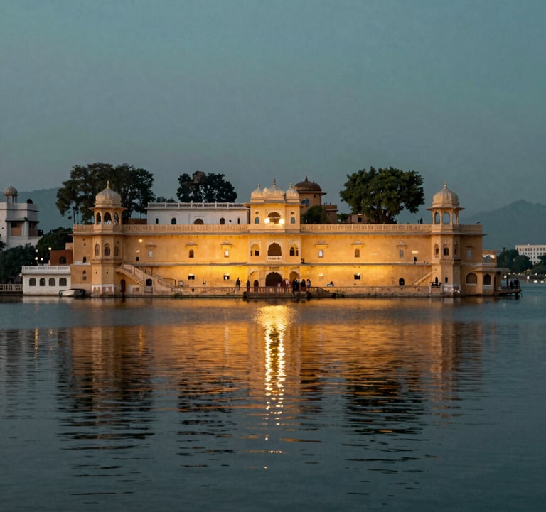A vibrant photography shot of the City Palace in Udaipur reflecting in the still waters of Lake Pichola at dusk, showcasing South Asian / Indian heritage with elegant lights and a muted teal sky.