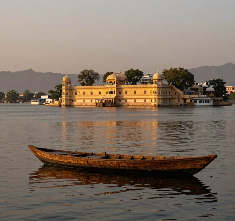 A serene landscape of Lake Pichola in Udaipur at dusk. A traditional wooden boat is visible on the calm water, with the City Palace glowing in a soft golden sand color in the background. The lighting is sophisticated and warm, reflecting South Asian elegance.
