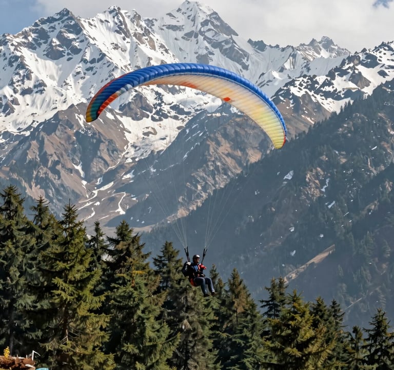 A majestic shot of the Solang Valley in Manali, South Asian / Indian travelers enjoying a high-end paragliding experience with snow-capped mountains and sage green pine forests.