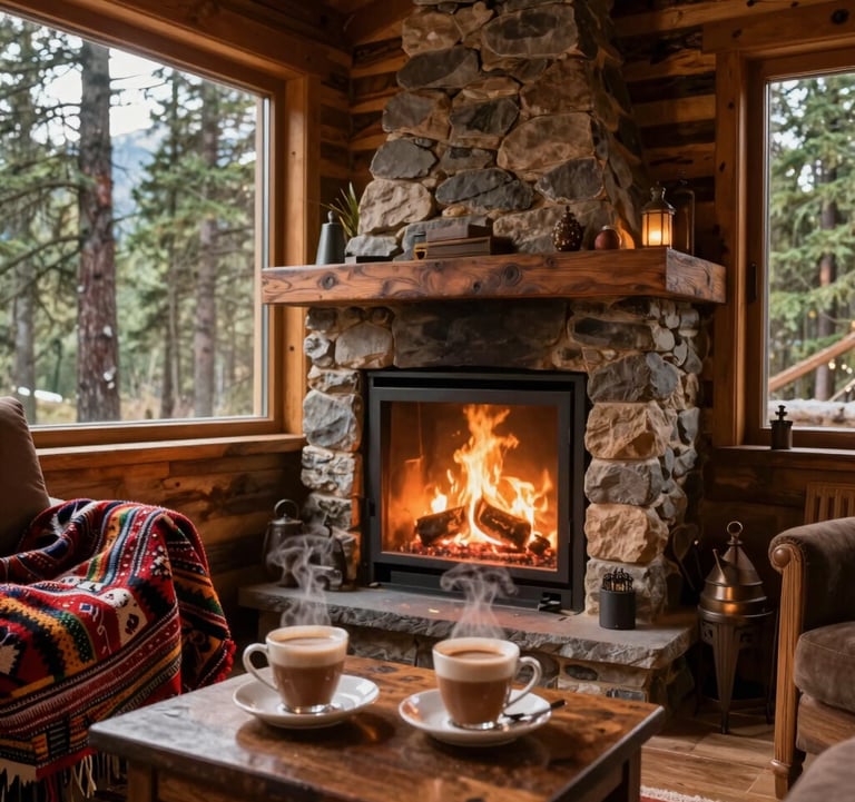 A cozy fireplace in a luxury Manali log cabin, South Asian / Indian wool blankets, steaming cups of masala chai, warm and inviting atmosphere with a view of pine trees.