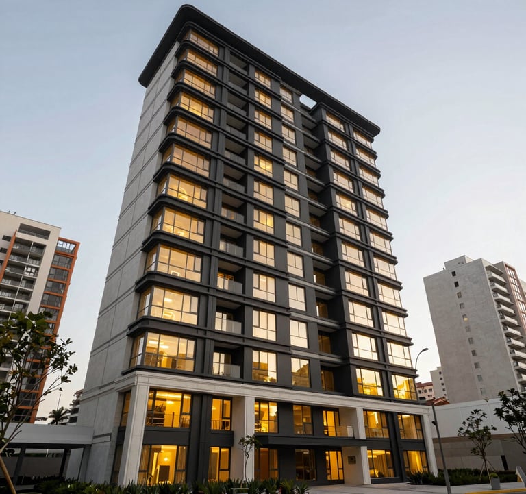 Low angle shot of a modern urban residential project in an Ecuadorian city. The building features clean black lines and gold-tinted windows, surrounded by minimalist landscaping. High-end real estate photography style.