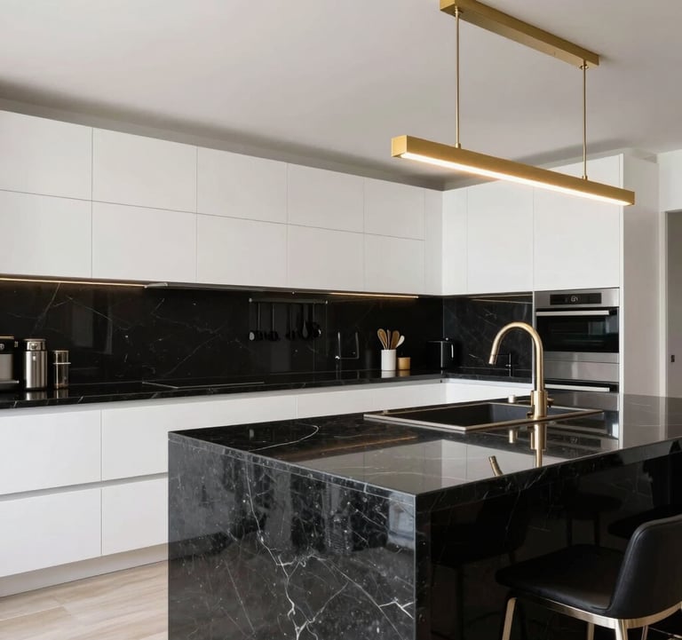 A high-end modern kitchen interior in a South American / Ecuadorian home. Black granite island, sleek white cabinetry, and gold lighting fixtures. Professional interior photography, bright and luxurious.