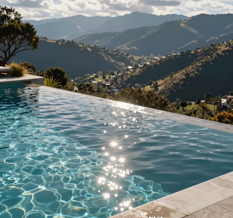 A crystal clear infinity pool at a luxury residence, overlooking a South American / Ecuadorian mountain landscape. Sunlight reflecting off the water, high-end lifestyle.