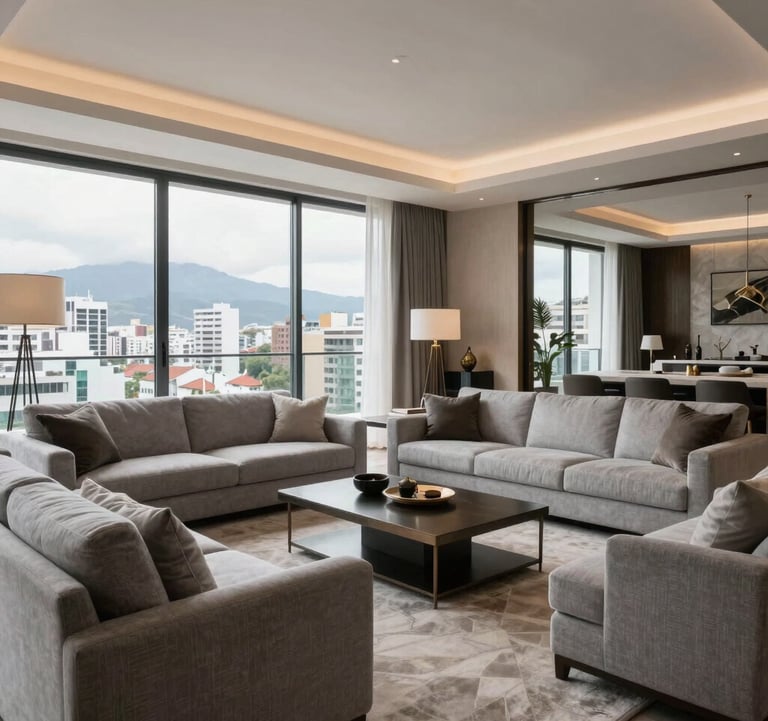 A spacious luxury living room in a South American / Ecuadorian penthouse. Features soft light gray upholstery, large floor-to-ceiling windows showing a city skyline, and elegant decor.