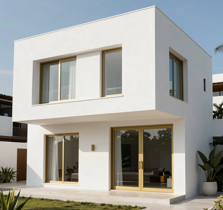 A luxury minimalist villa exterior in a South American / Ecuadorian coastal setting. Pure white facade with metallic gold window frames, sleek architectural lines, bright daylight, high-end photography.