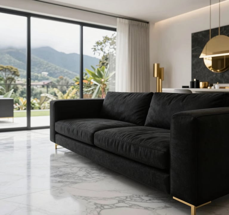 Close-up of a sophisticated interior living space in a luxury home. Features white marble floors, a black minimalist sofa, and gold decor elements. Natural light streaming through large windows in a South American / Ecuadorian setting.
