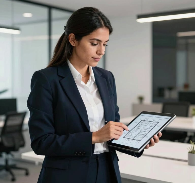 A professional in a modern South American / Ecuadorian office setting, dressed in corporate attire, reviewing property plans on a tablet. The background is a clean, minimalist office with white and black accents.