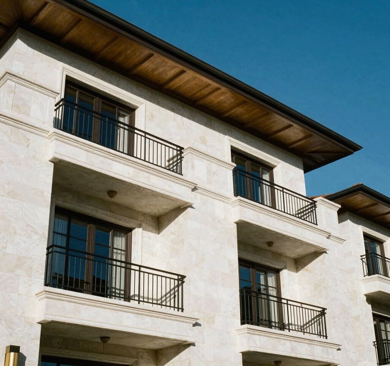 Architectural detail of a luxury villa in a South American / Ecuadorian residential complex. White stone walls, black metal balcony railings, and gold accents. Clear blue sky, sharp focus.