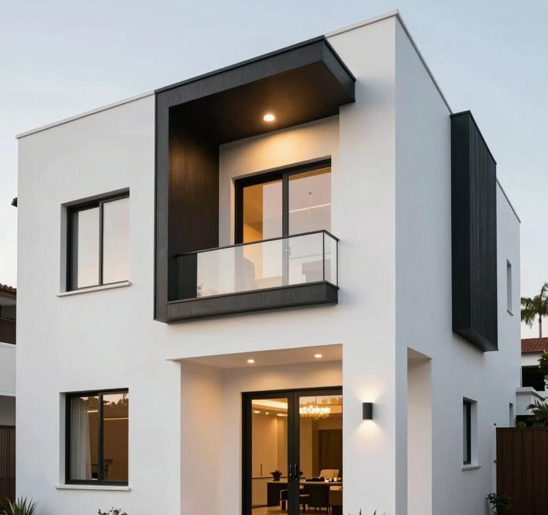 Architectural photography of the facade of a white luxury house in a premium Ecuadorian residential area. Sharp geometric shapes, black steel frames, and elegant gold lighting. Professional and high-value atmosphere.