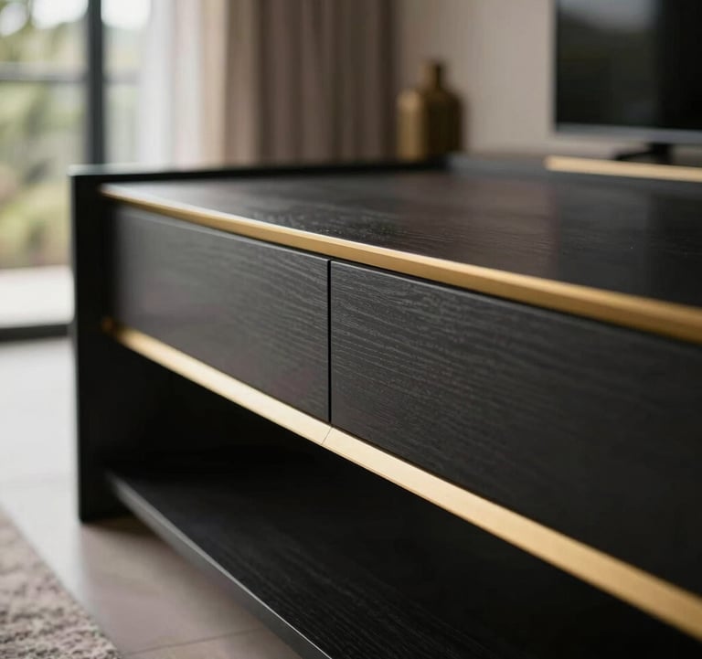 An exquisite close-up of a luxury home interior in a South American / Ecuadorian residence. The scene features minimalist furniture with black and gold details, high-quality materials, and soft natural light highlighting the elegant textures.