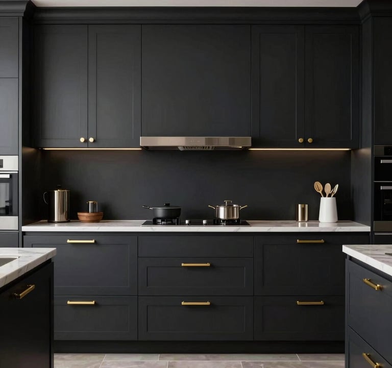 An interior shot of a sophisticated kitchen with deep charcoal black cabinetry and polished metallic gold hardware. Professional studio lighting, luxurious and corporate aesthetic.