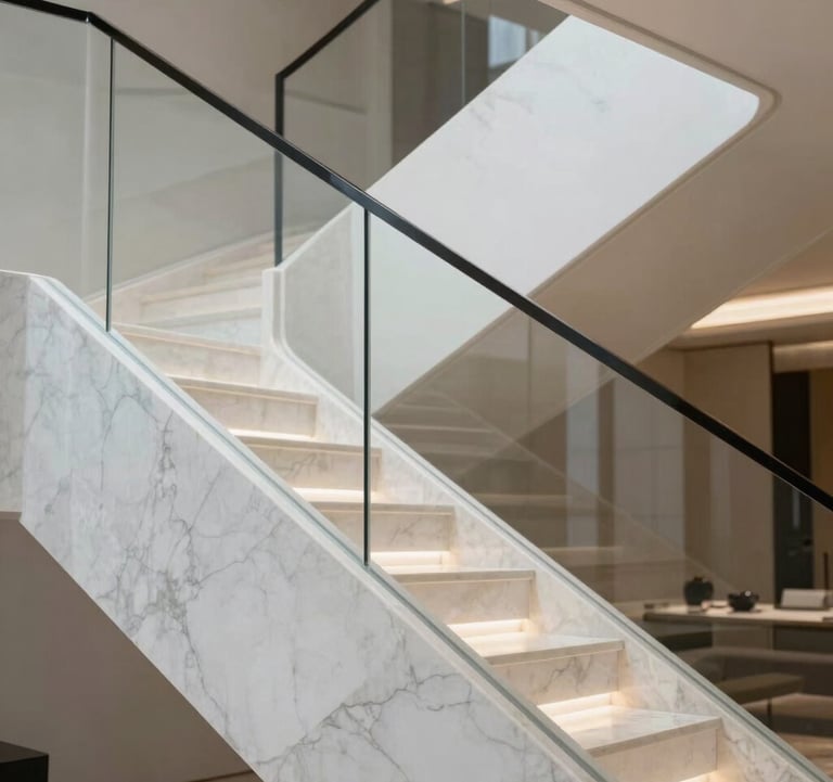 Modern architectural detail of a staircase in a luxury home. Pure white marble and glass railings, soft lighting, sophisticated interior photography.