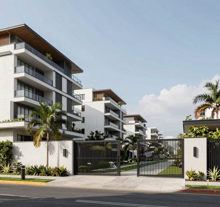 Exterior shot of a modern urban project in Ecuador, showing a secure, gated luxury community with contemporary architecture, white facades, and lush landscaping under a clear, bright sky.