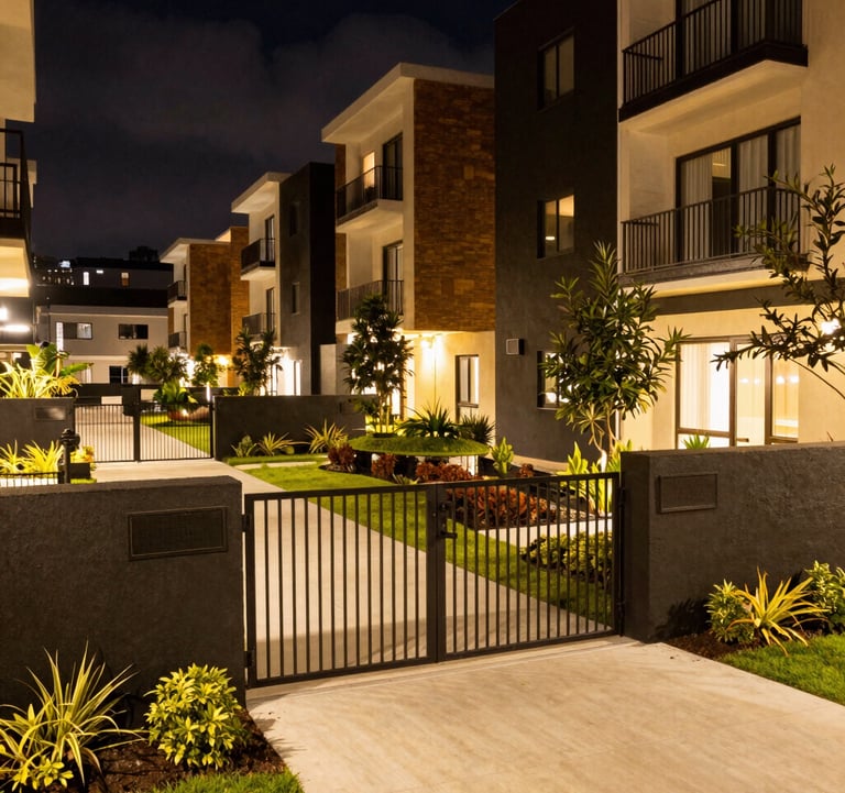 Night shot of a modern urban housing project in Ecuador featuring security gates and beautifully manicured community gardens. Warm golden lighting against black structures and white pathways.