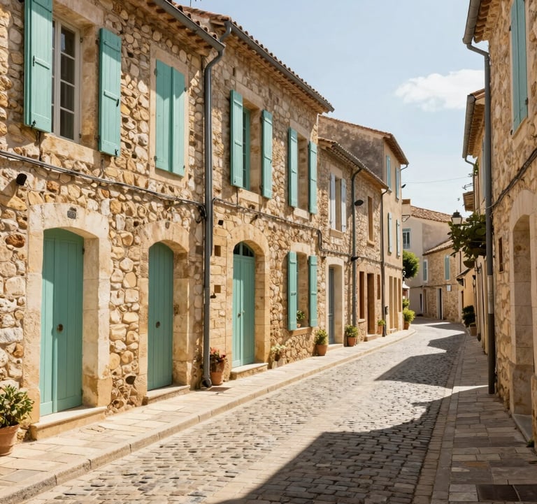 A professional photography shot of a charming cobblestone street in the heart of Pézenas. The Southern European / French architecture features shutters in muted teal and walls in warm beige stone. The scene is bright and welcoming under the afternoon sun.