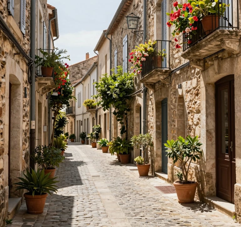 A charming narrow cobblestone street in the old town of Pézenas with hanging plants and historical stone facades, Southern European summer vibe, professional photography.
