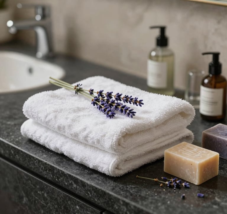 A close-up photograph of a luxurious bathroom setting in a Southern European / French villa. High-quality white towels, a sprig of fresh lavender, and artisanal soaps are arranged neatly on a dark charcoal stone counter, illuminated by soft, natural light.