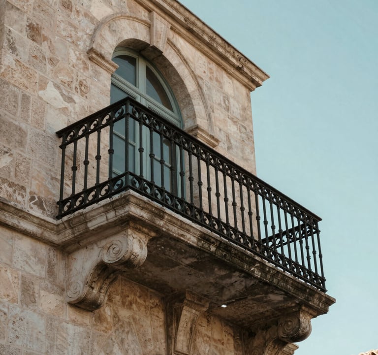 Architectural detail of a classic wrought-iron balcony and stone arch in Pézenas, set against a soft blue-green sky, capturing the authentic Southern European charm.