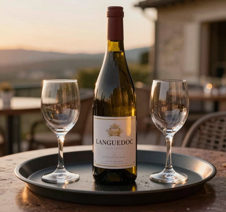 A welcome tray with a bottle of local Languedoc wine and two glasses on a terrace table at sunset, Southern European / French context.