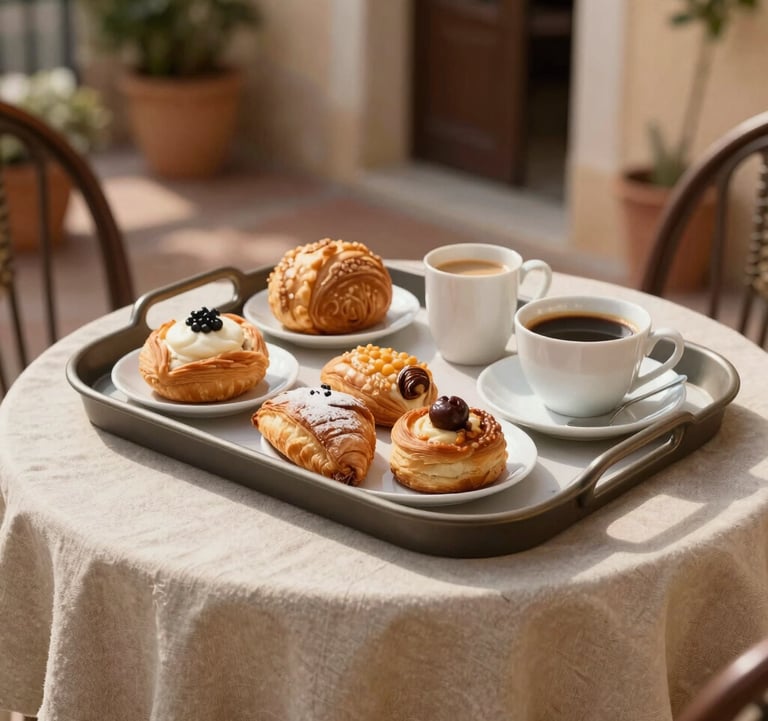 A lifestyle photography shot of an elegant breakfast tray with fresh local pastries and coffee, placed on a beige linen-covered table on a sunny terrace in Southern European / French style. Soft shadows and a warm, inviting atmosphere.