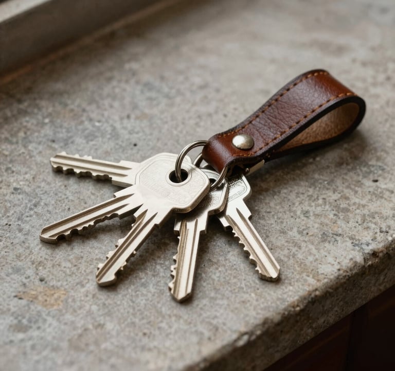 A set of keys on an elegant leather keychain placed on a stone countertop, professional atmosphere.