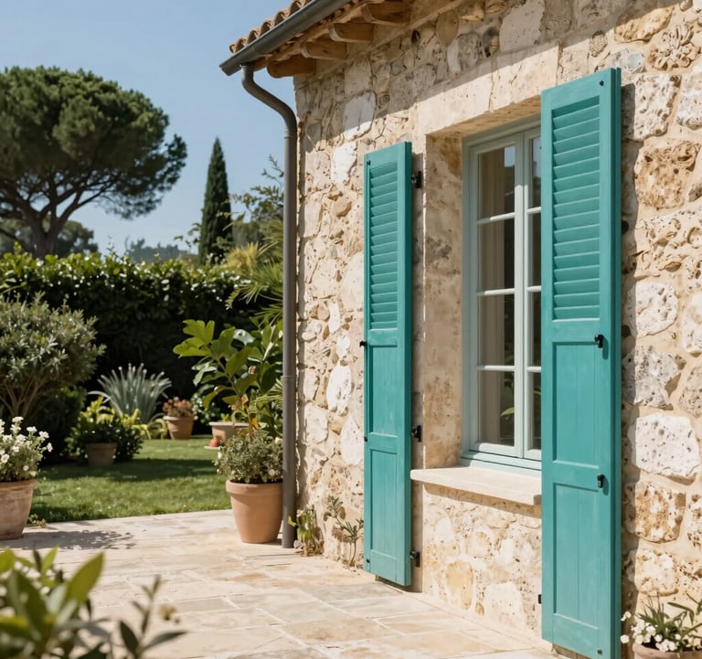 An elegant outdoor patio of a French villa with teal-colored shutters and stone walls, overlooking a lush garden under the bright Southern European sun.