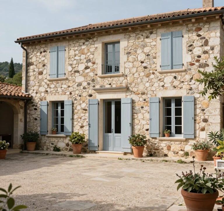 Wide shot of a peaceful courtyard in a Southern European / French stone villa, with blue-grey shutters and terracotta pots.