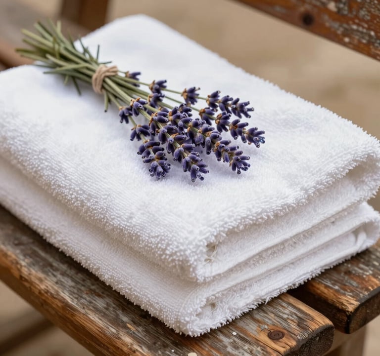 Close-up of freshly laundered white towels with a sprig of local lavender on a rustic wooden bench, Southern European / French style.