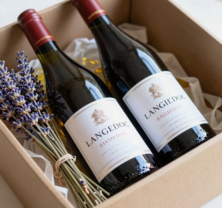 Close-up photography of a luxury welcome pack for guests featuring local Languedoc products, a bottle of wine, and lavender sprigs, Southern European style, bright natural lighting.