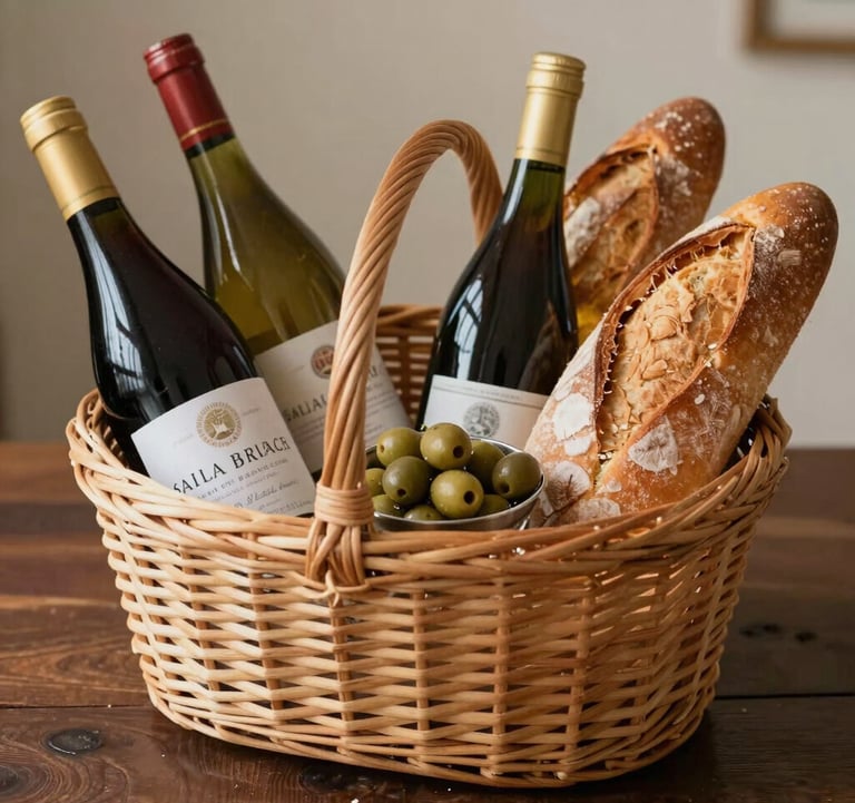 Close-up photography of a high-end welcome basket on a dark wood table, featuring local French wine, olives, and fresh bread, with warm beige and terracotta tones.
