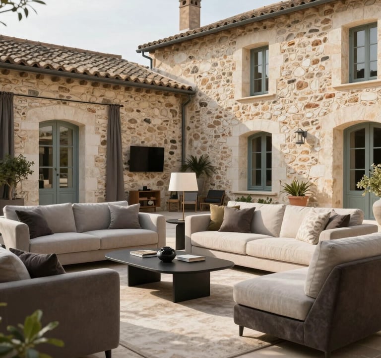 A beautifully decorated living room in a traditional Pézenas stone house, modern chic furniture mixed with authentic regional elements, soft morning sunlight, elegant and professional atmosphere.