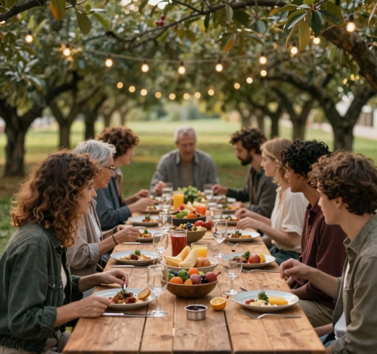 A group of people sharing a meal at a long wooden table in an orchard. String lights are hung between trees, and the atmosphere is warm and convivial. Earthy tones.