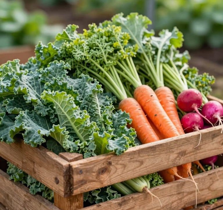 A close-up of a rustic wooden crate overflowing with vibrant green kale, earthy carrots, and bright radishes. The background is a soft, out-of-focus garden setting.