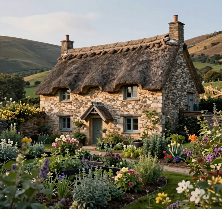 A charming, rustic stone cottage with a thatched roof, surrounded by a blooming herb garden and rolling hills under a soft afternoon sun. Focus on natural textures and #B2CAA8 tones.