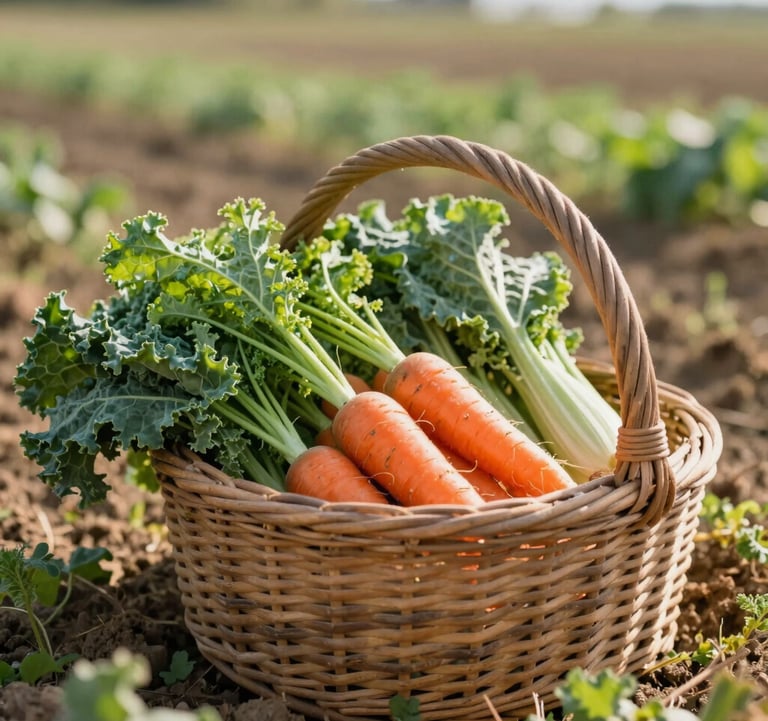 A basket of freshly harvested organic vegetables including carrots and kale, sitting in a sunlit field. The image evokes freshness and authentic quality with earthy tones of #1A2E2C and #B2CAA8.