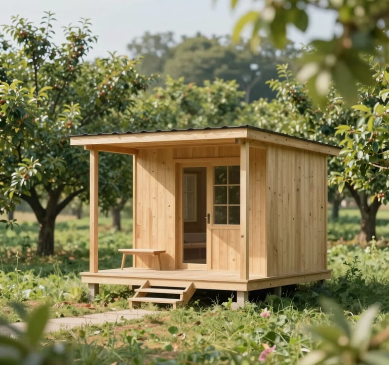 A minimalist and serene view of a small, sustainable wooden cabin with a simple porch, set against a backdrop of a lush, sun-dappled orchard. The aesthetic is clean and mindful, reflecting a slow living lifestyle with soft lighting and natural materials.