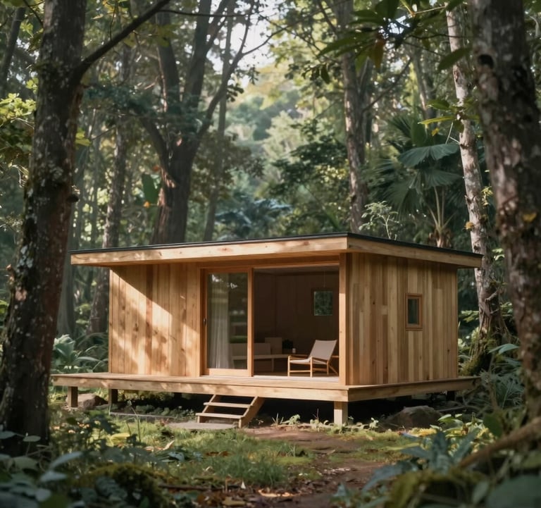 A minimalist eco-retreat cabin built from sustainable wood, nestled quietly among ancient forest trees. Soft morning shadows and a sense of absolute solitude, featuring tones of #5C8B7E.