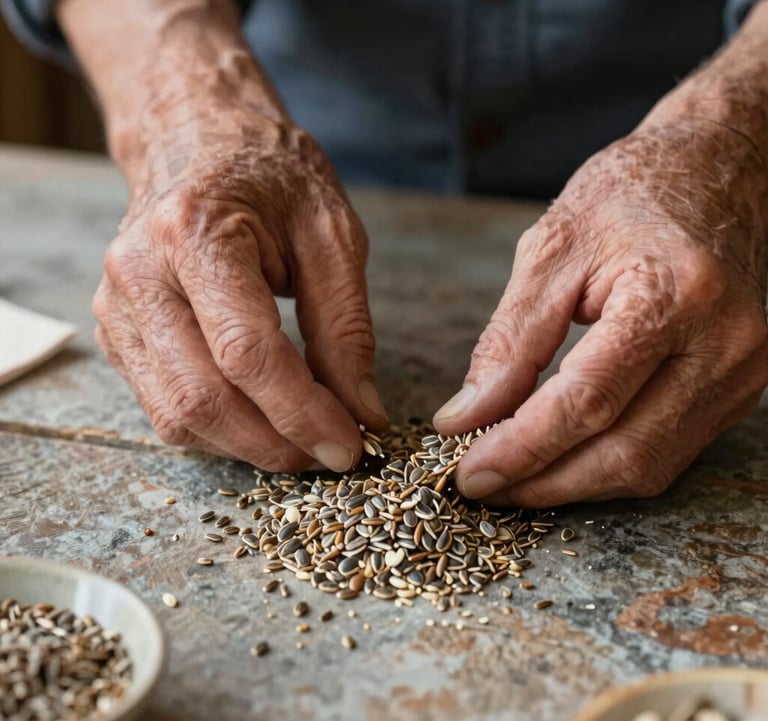 Close-up of weathered hands gently sorting heirloom seeds on a rustic stone table. Natural, warm lighting highlighting the textures of the seeds and the authentic agrarian lifestyle, including #B2CAA8 accents.