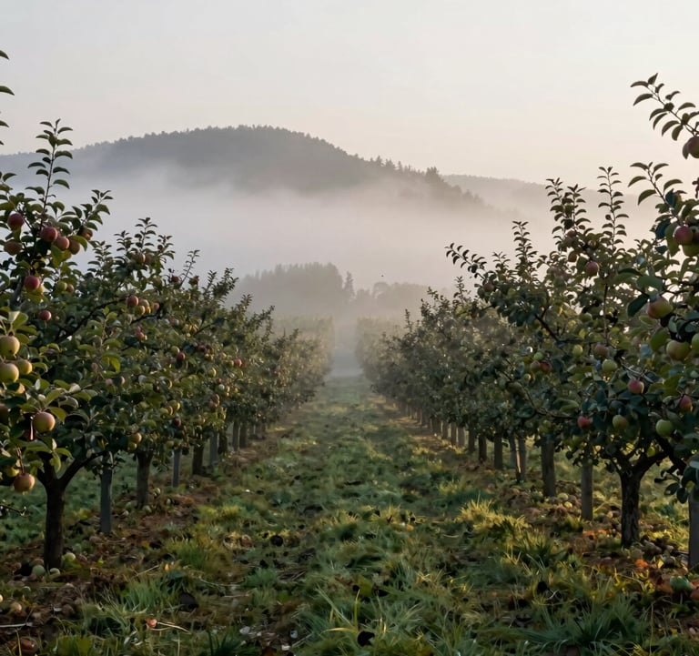 A scenic view of a morning mist rolling over an orchard of apple trees. The lighting is ethereal and cool, highlighting the tranquility of the agrarian landscape.