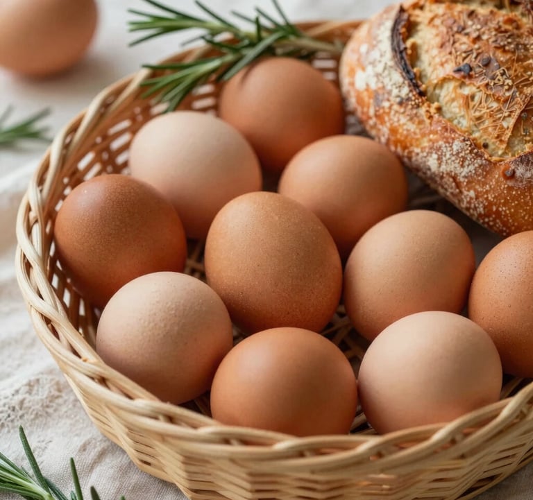 A flat lay of organic eggs in a wicker basket on a linen cloth, accompanied by a sprig of rosemary and freshly baked sourdough bread. Natural, warm lighting.