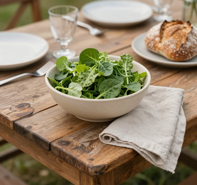 An overhead lifestyle shot of a rustic wooden table set for an outdoor farm-to-table lunch. A simple ceramic bowl (#F5F3ED) holds fresh greens, beside a linen napkin and handmade bread. The scene evokes a tranquil, social agrarian experience with soft, natural daylight.