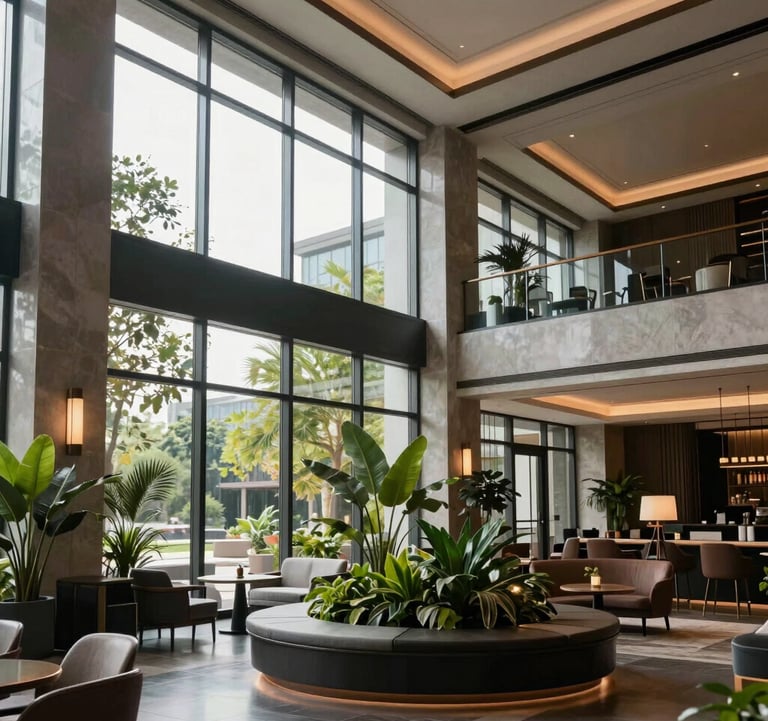 A high-end interior shot of a boutique hotel lobby featuring modern architecture, floor-to-ceiling windows, and lush indoor greenery in a North American setting. Sophisticated and inviting atmosphere with soft morning light.