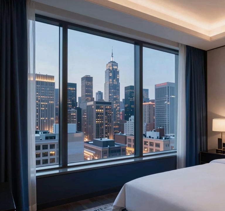 A sophisticated interior view of a luxury hotel suite with floor-to-ceiling windows looking out over a vibrant city skyline at dusk. The room is decorated in navy blue and white, reflecting a modern minimalism and upscale North American / US lifestyle.