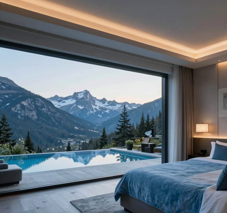 A high-end luxury resort interior with clean lines and soft blue accents, overlooking a tranquil North American mountain range, professional architectural photography.